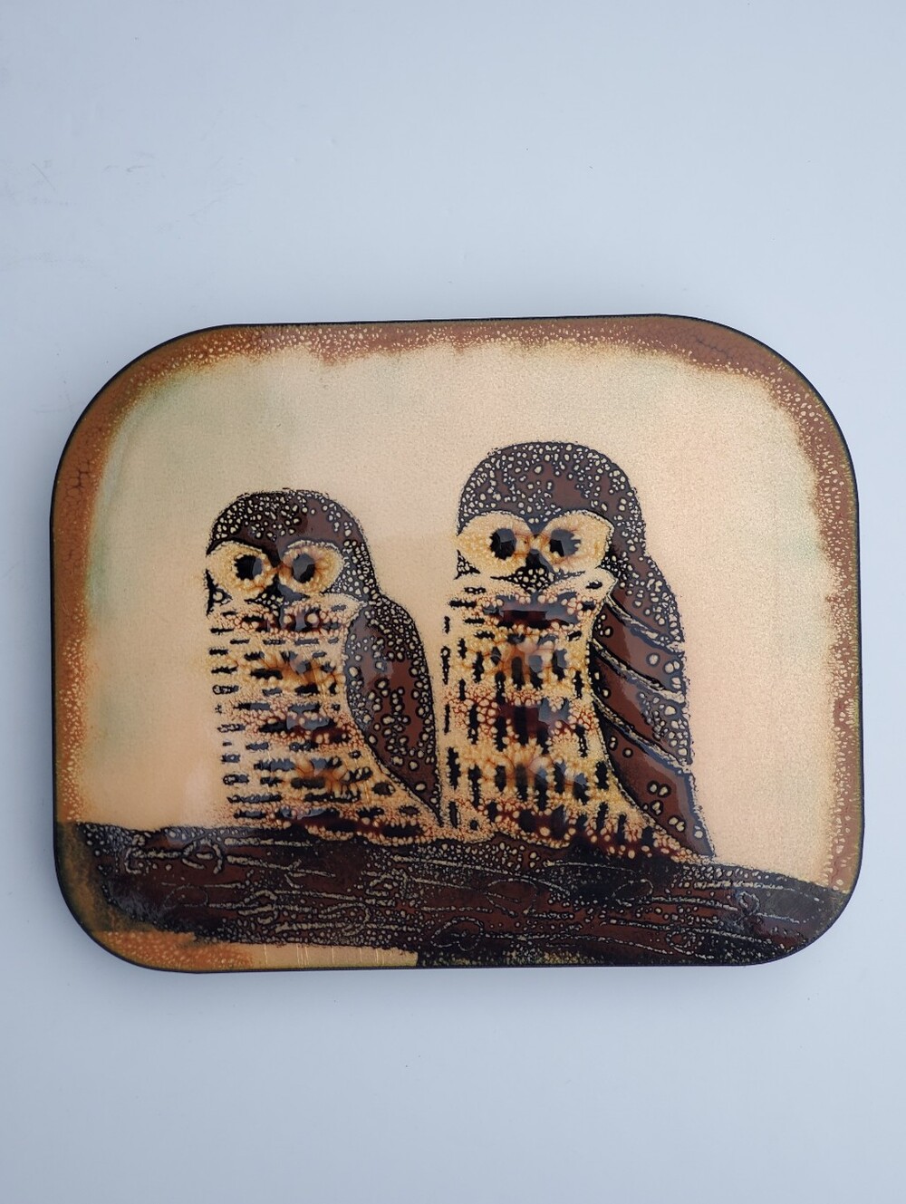 VTG MCM B.E. Eren Enamel on Copper Twin Owl Art Plaque Canada 1979